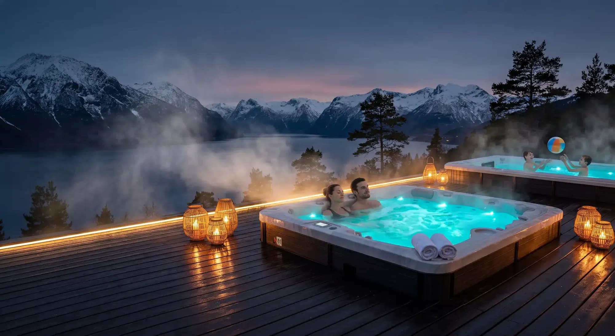 Un couple dans un spa sur une terrasse en bois au bord d'un fjord enneigé, au crépuscule