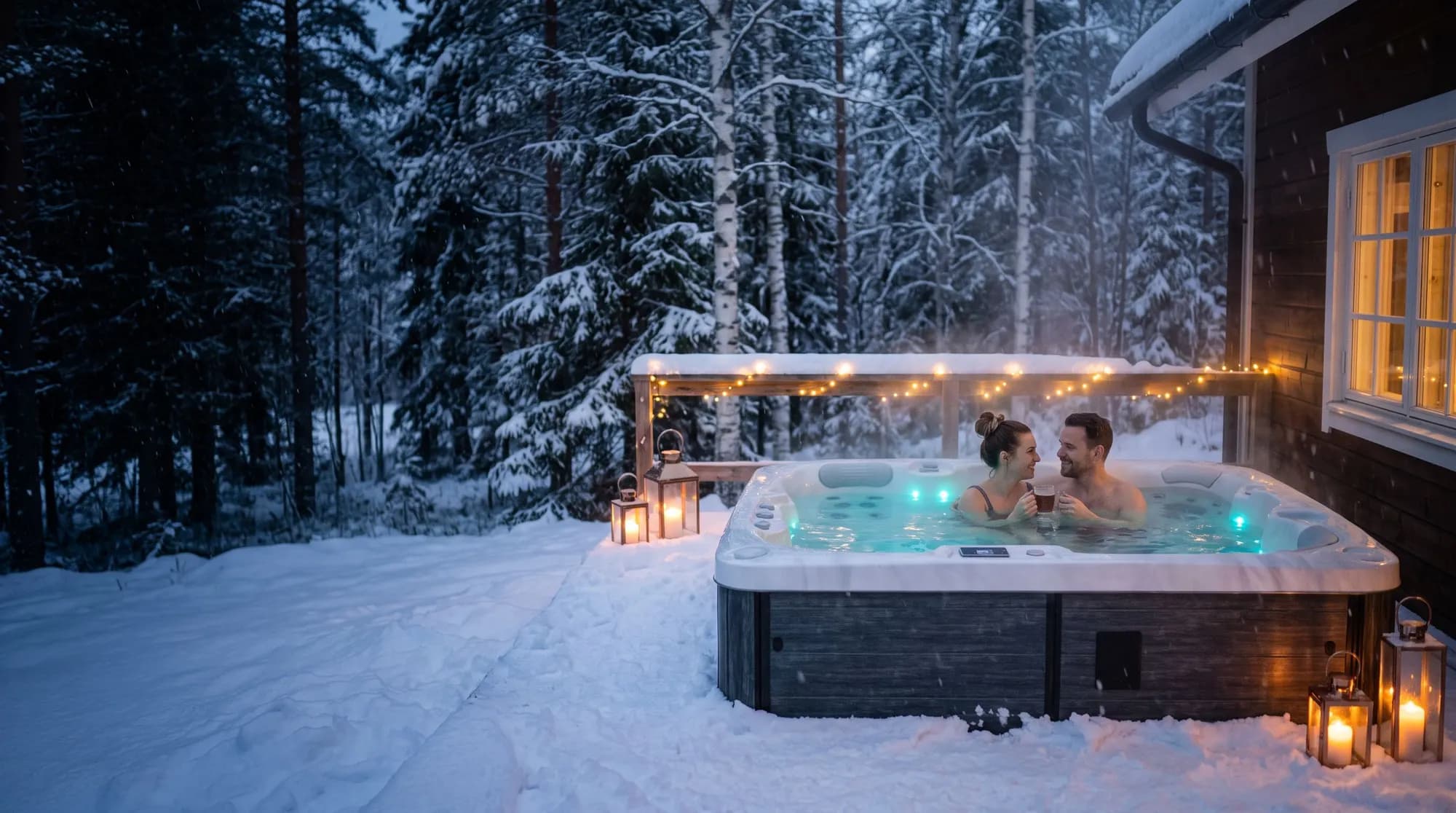 A couple in a steaming North Wave hot tub on a winter evening, surrounded by lanterns in a snowy forest