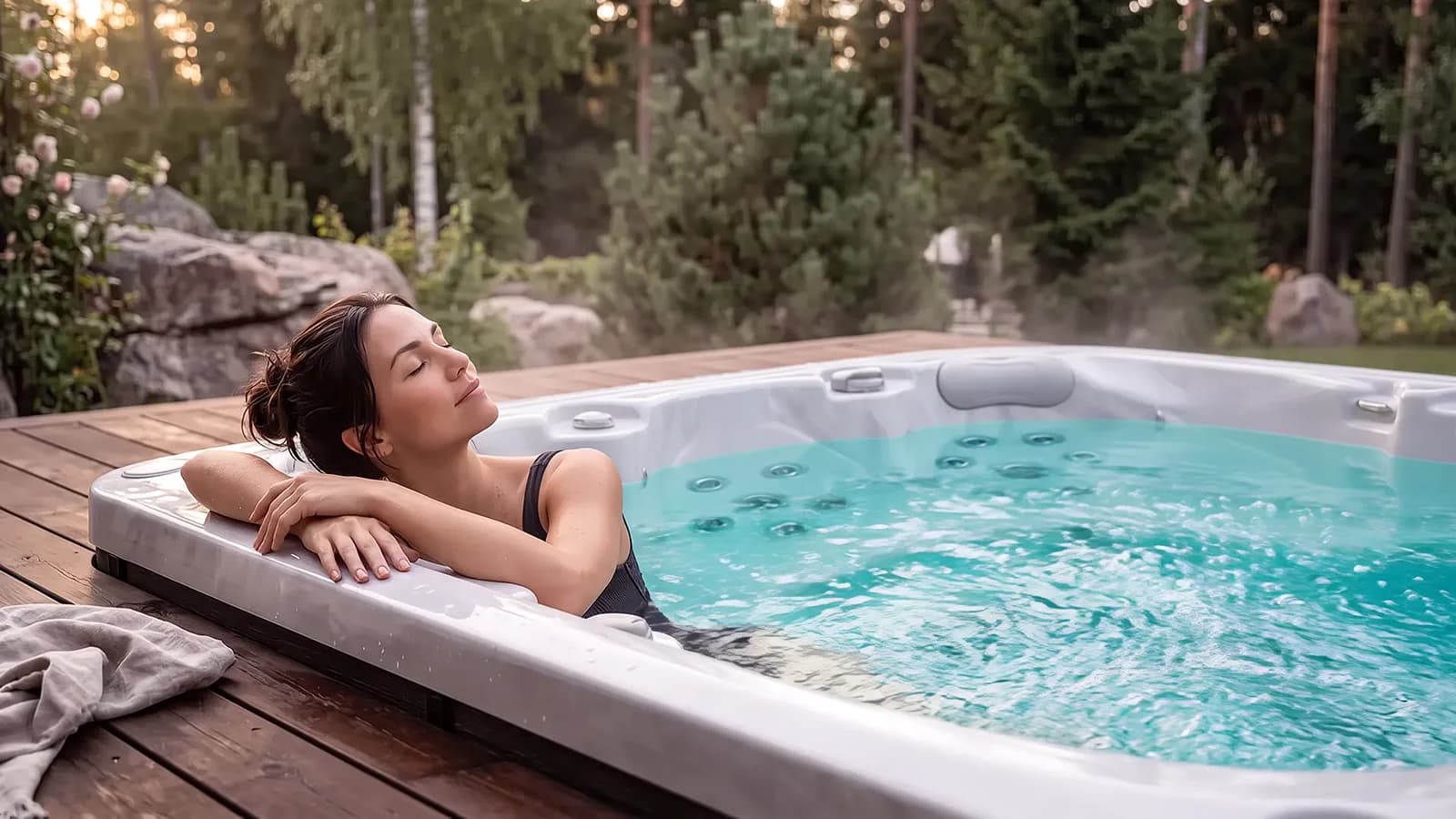 Une femme se détend dans un spa North Wave, les yeux fermés, à la tombée du jour
