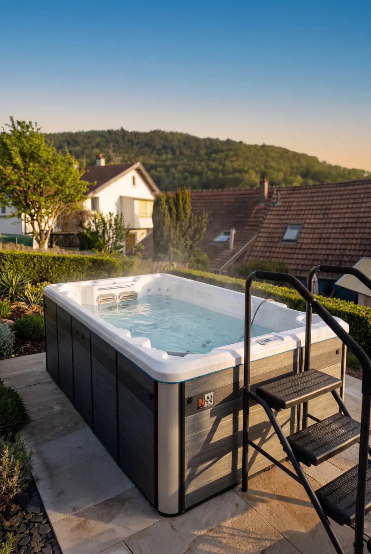Spa de nage North Wave fumant sur une terrasse dallée, escalier d'accès, vue sur les toits et une colline boisée
