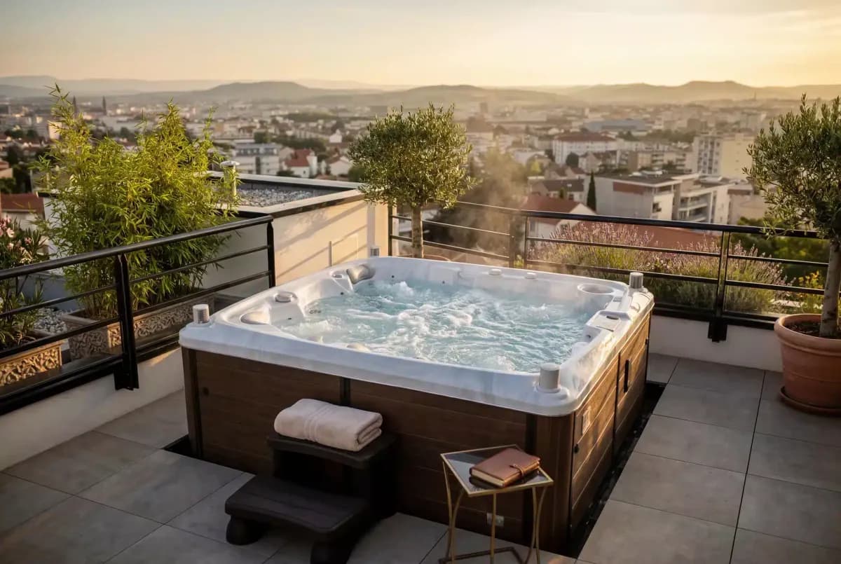 Spa North Wave sur une terrasse en ville, avec vue sur les toits et les collines