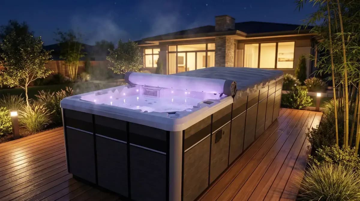 Spa de nage North Wave sur une terrasse en bois éclairée de nuit, couverture enroulée, devant une maison